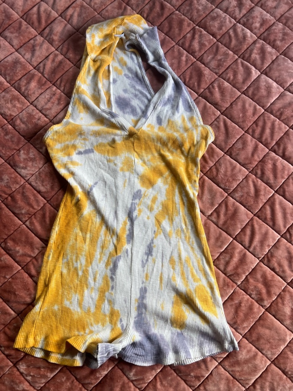 Zara Yellow and Gray Tie-Dye Ribbed Halter Romper